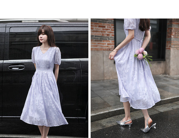 Mt [Mosang Ziyuan] Summer Elegant Socialite V-Neck Textured Jacquard Lightweight Waist-Cinching A-Line Women's Dress 10