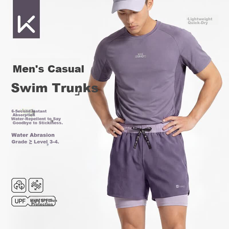 Keep Men's Swim Trunks Double-Layer Sports Running Boxer Briefs Swimming Shorts Hot Spring Swimwear 120 Purple 3XL