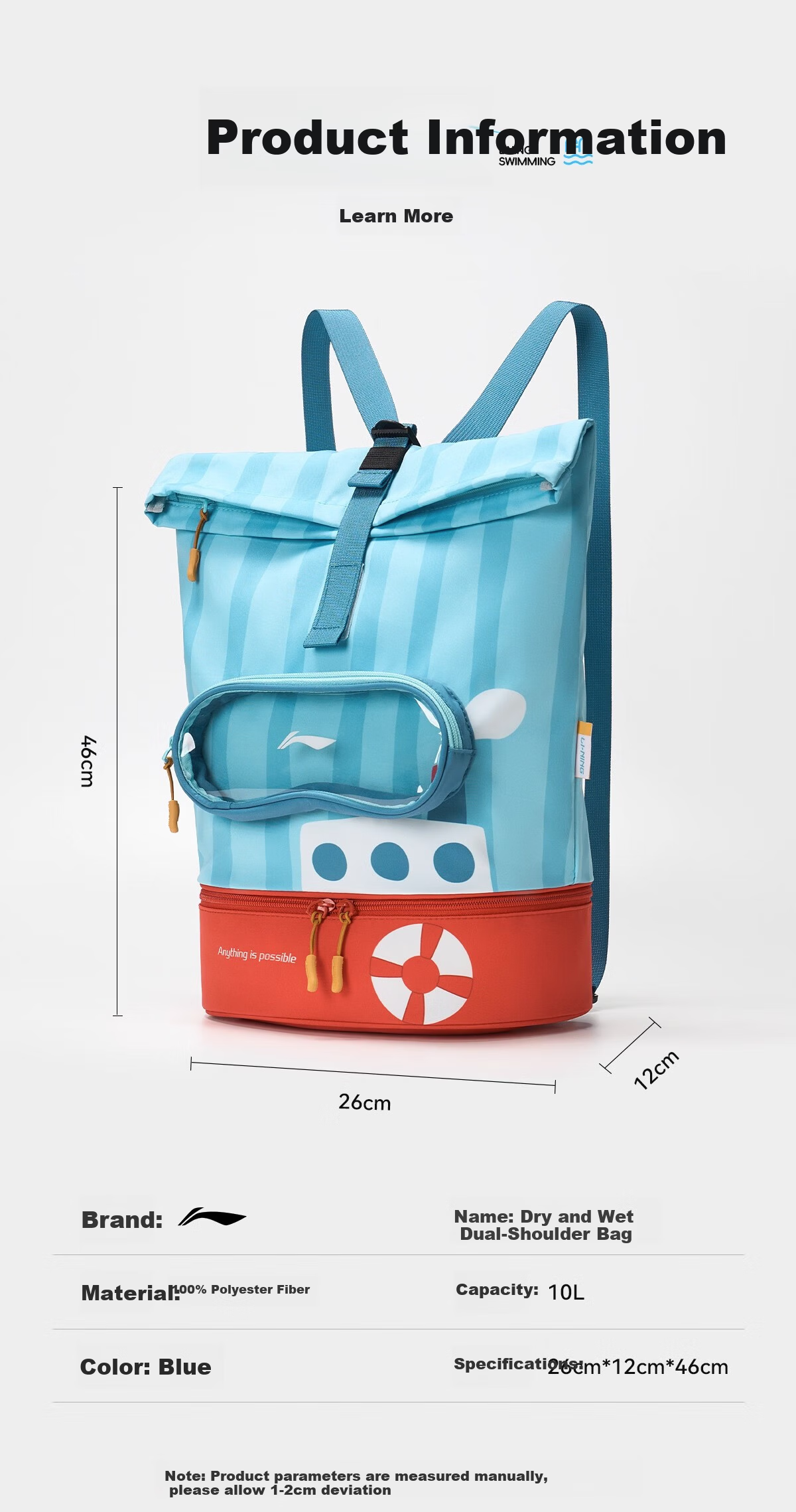 LI-NING Kids Swimming Storage Bag Waterproof Dry and Wet Separation Backpack Boys Girls Swimwear Sports Bag 4