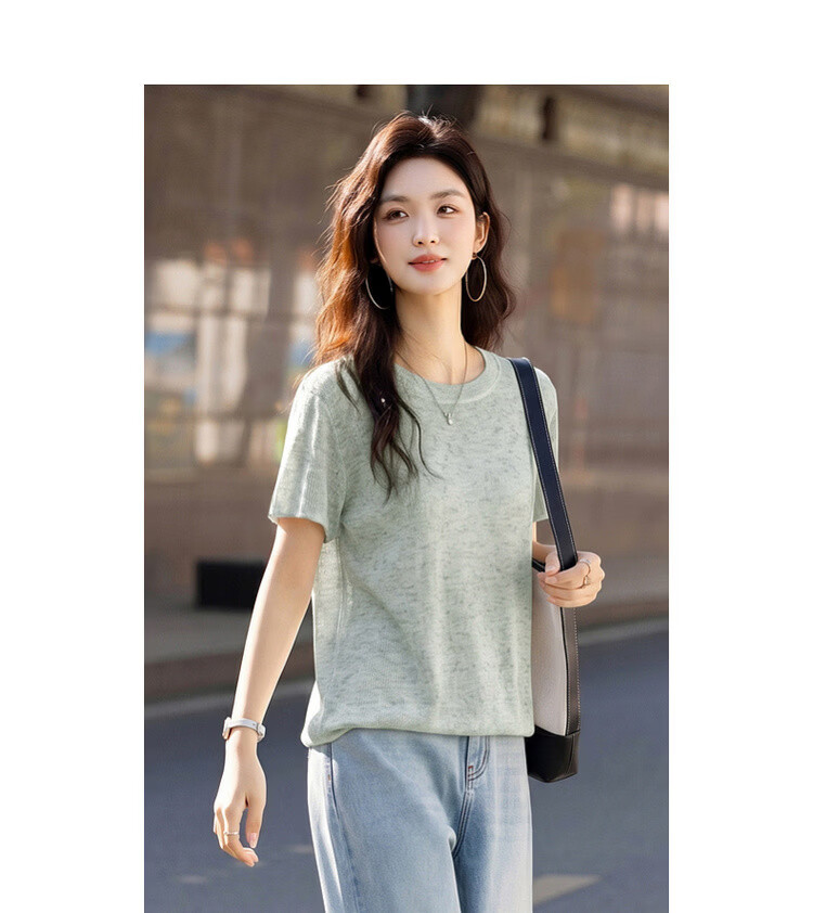 Demana Breathable Linen Summer Lightweight Mesh Round Neck Short Sleeve Slim Fit Casual Women's T-Shirt 17
