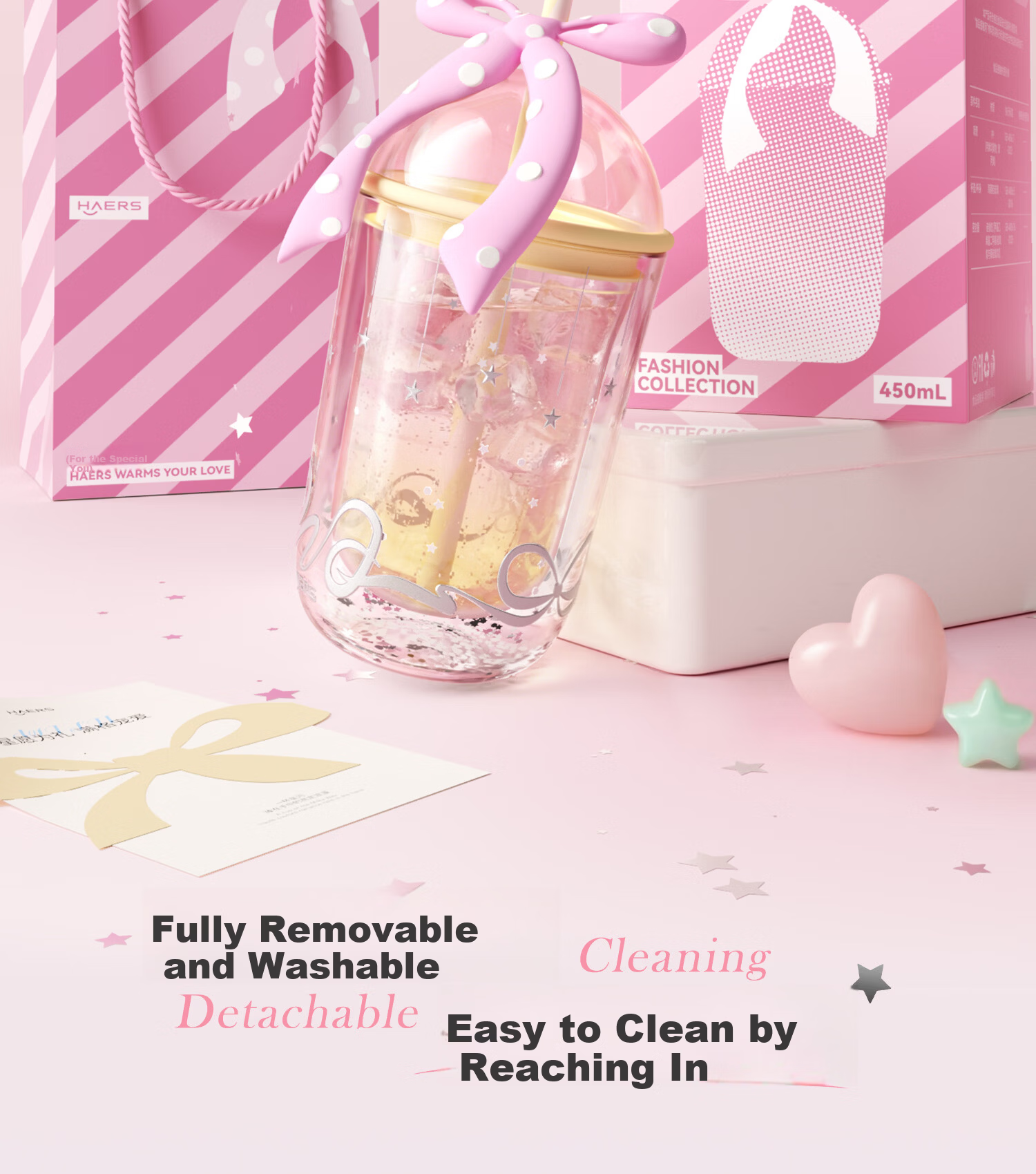 HAERS Double-Layer Bowknot Glass Cup High-Value Desktop Water Cup Girls Straw Cup (Pink) 450ml 11