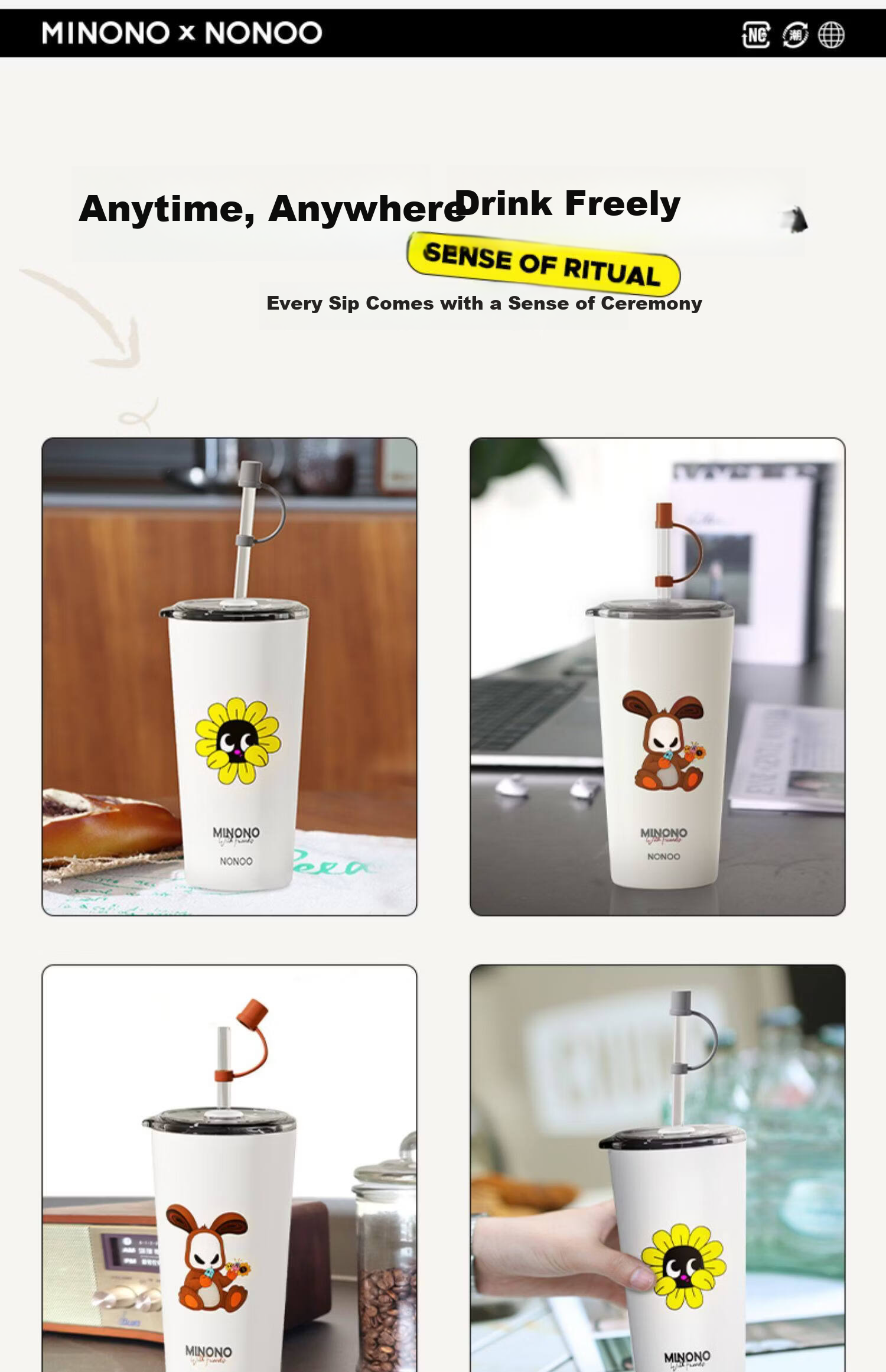 HAERS Straw Insulated Coffee Cup Cute Portable Office Car Water Bottle Yellow 500ml 18
