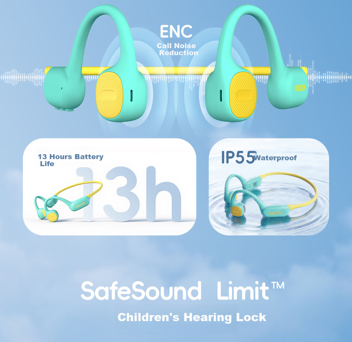 Langston AirKids Bone Conduction Bluetooth Earphones for Kids and Adults, Sports Running Earbuds, Non-In-Ear, Hearing Protection, Student Online Class, Compatible with Apple, Green Elf 3
