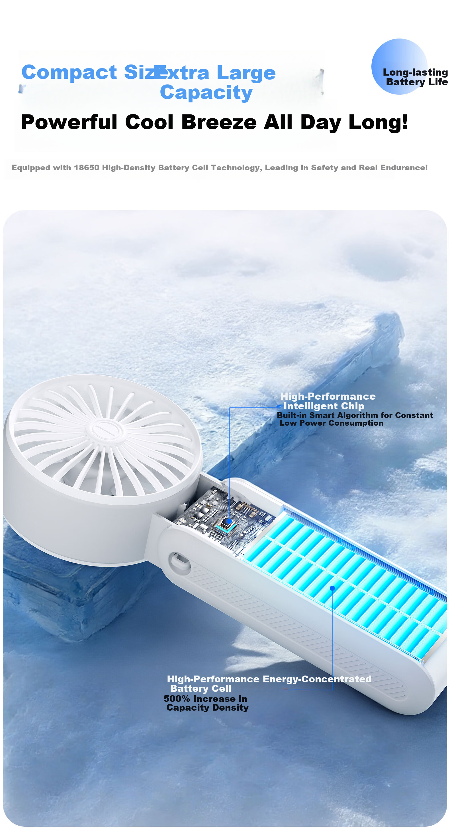 PEAK 3-in-1 Upgraded Portable Folding Handheld Fan Desktop Neck Hanging High-Speed Cooling Mini Electric Fan Outdoor Dormitory Rechargeable Large Airflow Office Fan 3