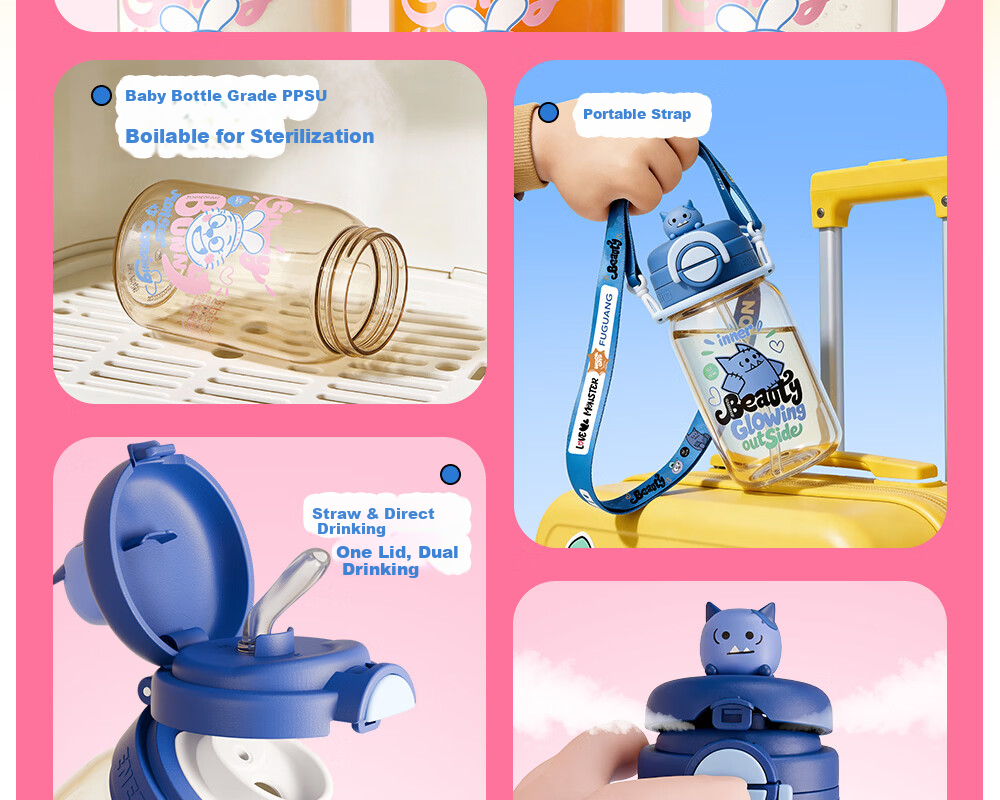 Fuguang Kids PPSU Straw Water Bottle Portable Dual-Use Cartoon Cute High-Temperature Resistant Plastic Cup for Boys and Girls 4