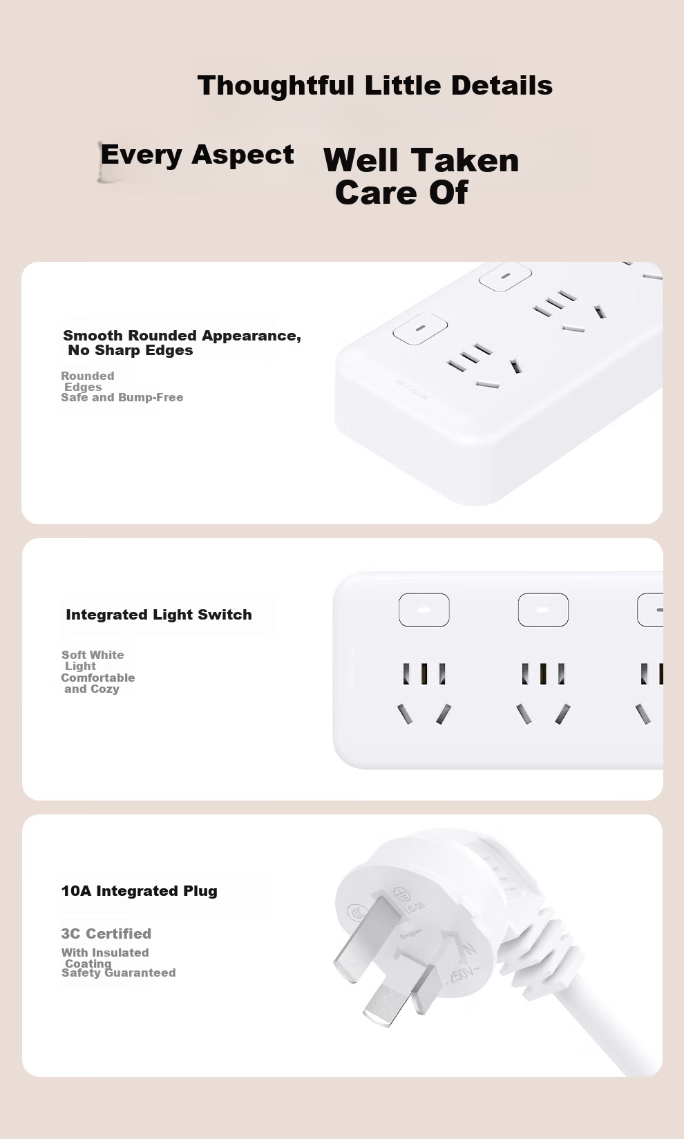 PHILIPS 3-Outlet Independent Switch Short Extension Power Strip 0.2m Kitchen Socket Multi-Outlet Power Board 10