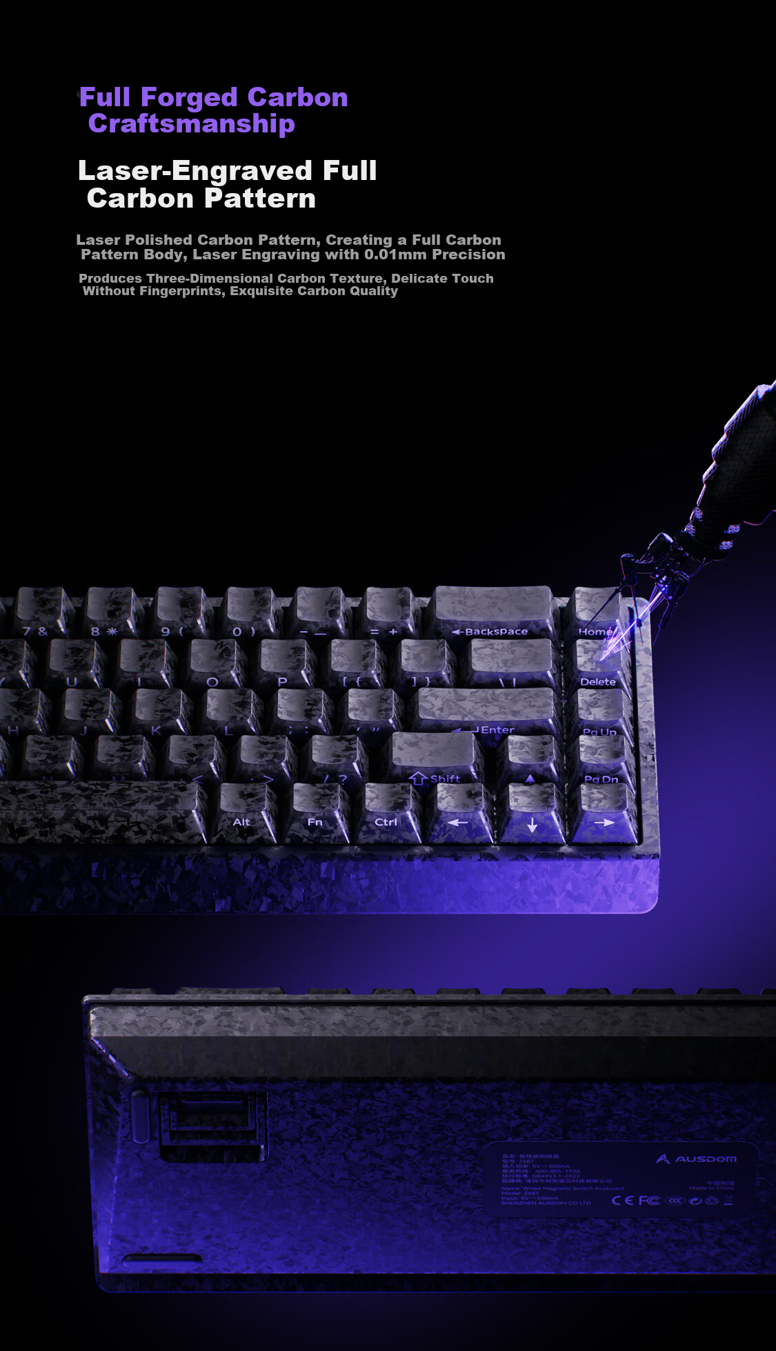 AUSDOM Z68T Carbon Texture Magnetic Shaft Keyboard RT Custom Low Latency Mechanical Keyboard Gaming Wired 68-Key Hot-Swappable FPS Valorant Cloud Magnetic Shaft - Black Carbon 2