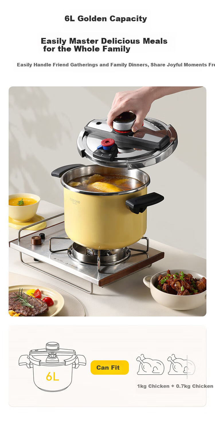 Carrot 6L Household Pressure Cooker 304 Stainless Steel Explosion-Proof Gas Stove Compatible Small Manual Locking Pressure Cooker 8