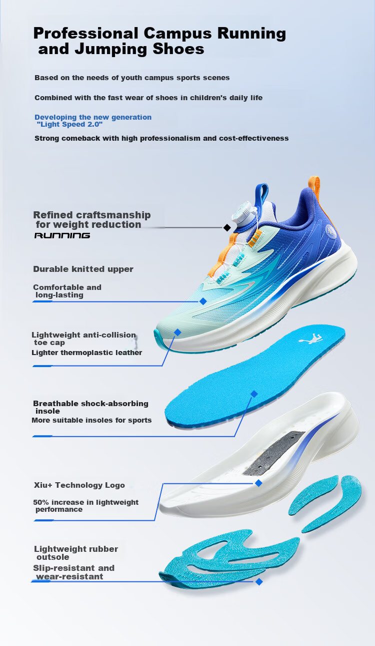 QIAODAN Boys' Running Shoes, Children's Spring And Autumn Lightweight Sports Shoes, Rotary Buckle Kids' Shoes, Monsoon Blue/smart Blue, Size 41 8