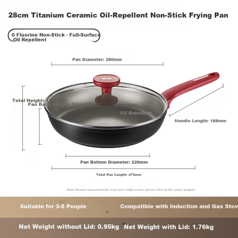 ASD Flat Frying Pan Non-stick Titanium Ceramic Oil-gathering Skillet 28cm Compatible with Induction Cooker J1WJ