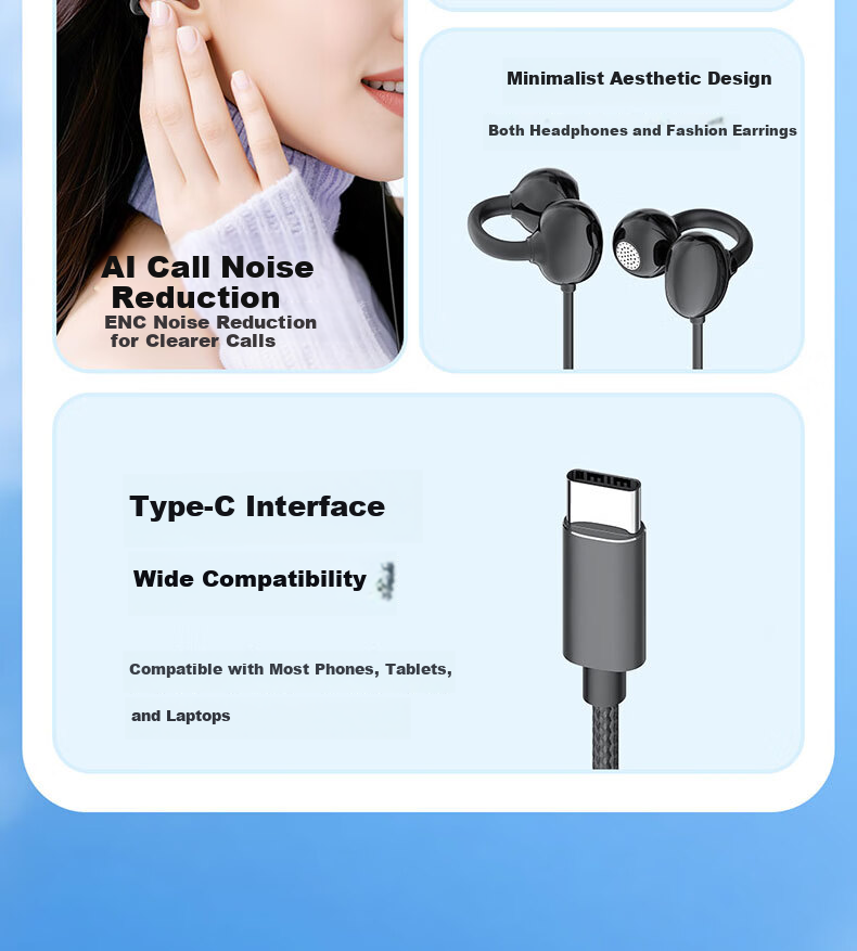 EZHK Wired Clip-On Type-C Earphones Noise Cancelling Non-In-Ear Earbuds Compatible with Apple Huawei Honor Xiaomi 6