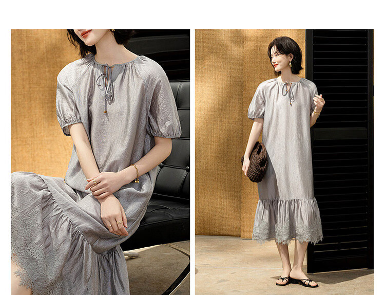 Demana Wrinkled Acetate Summer Vacation Style Tassel V-Neck Lace Splice Loose Mid-Length Women's Dress 9