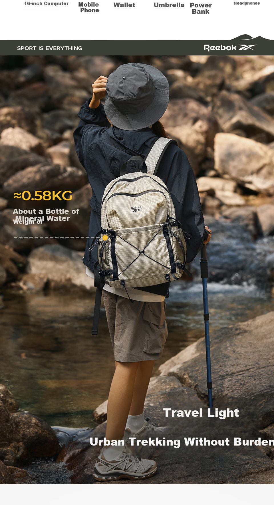 Reebok Lightweight Sports Hiking Backpack Men 2026 New Large Capacity Outdoor Double Shoulder Bag Women Khaki 4