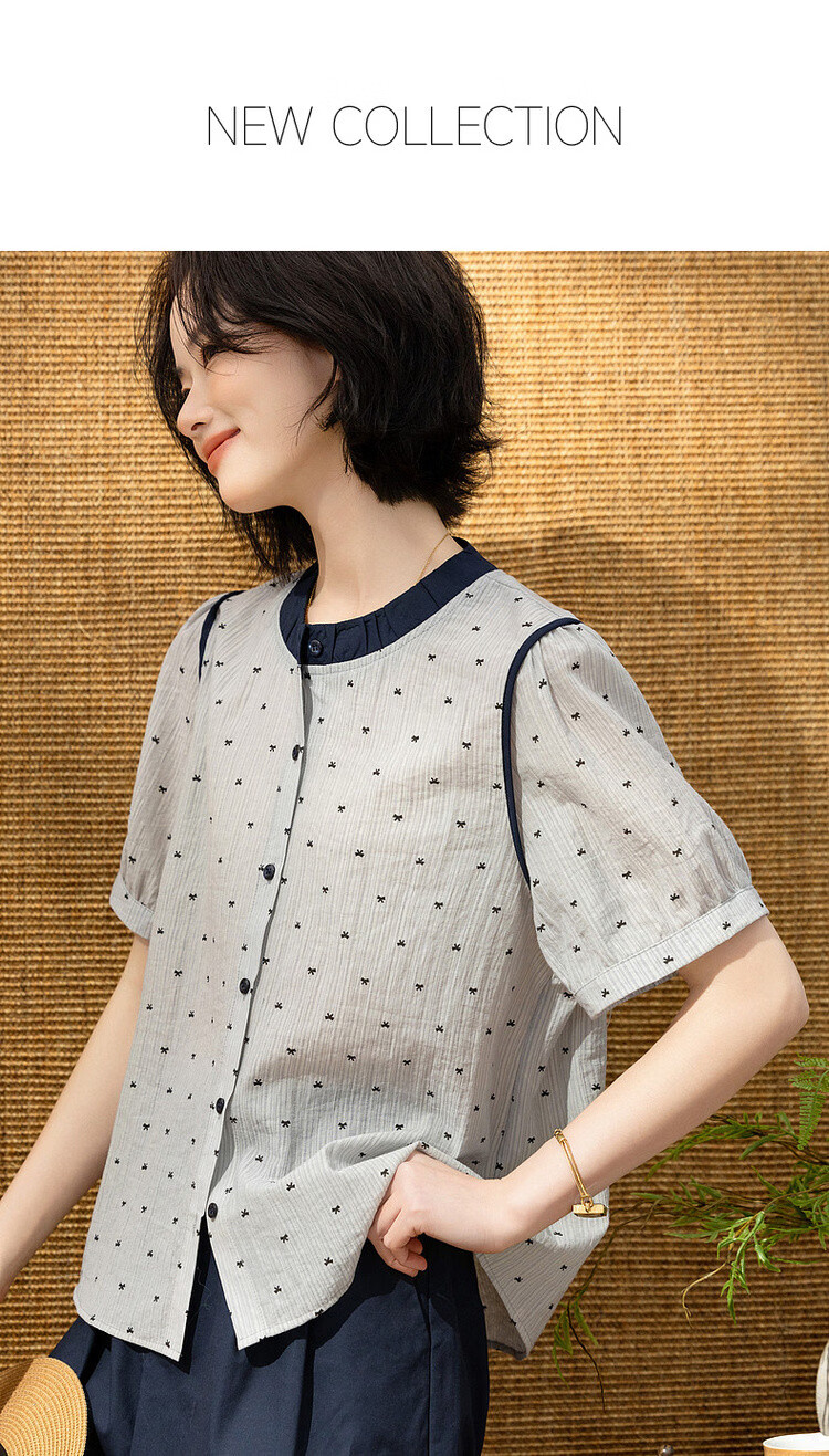 Demana [Smooth Lyocell] Summer Color-Block Bowknot Printed Round Neck Striped Short Sleeve Loose Petite Women's Shirt 1