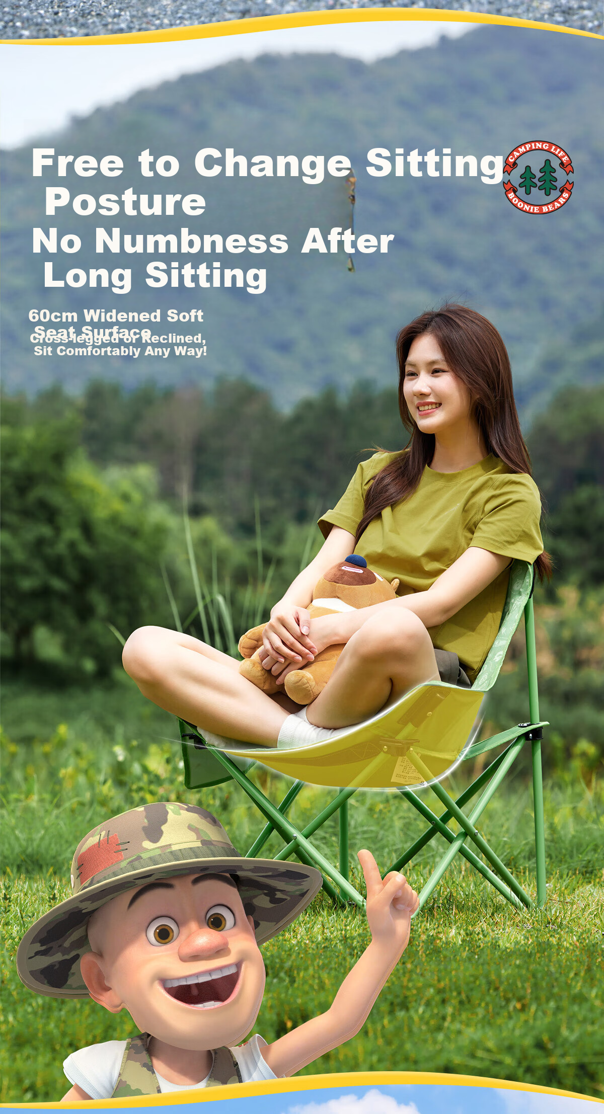 CAMEL × Boonie Bears Outdoor Camping Folding Moon Chair Portable Fishing Sketching Stool 5