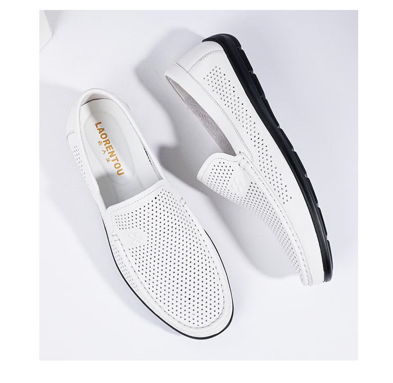 LAORENTOU Men's Leather Shoes, Business Casual Shoes, Top-Grain Cowhide Slip-Ons, Wear-Resistant Breathable Sandals, Men's Hollow Breathable Shoes, Perforated Shoes LL13190 Black 44 14