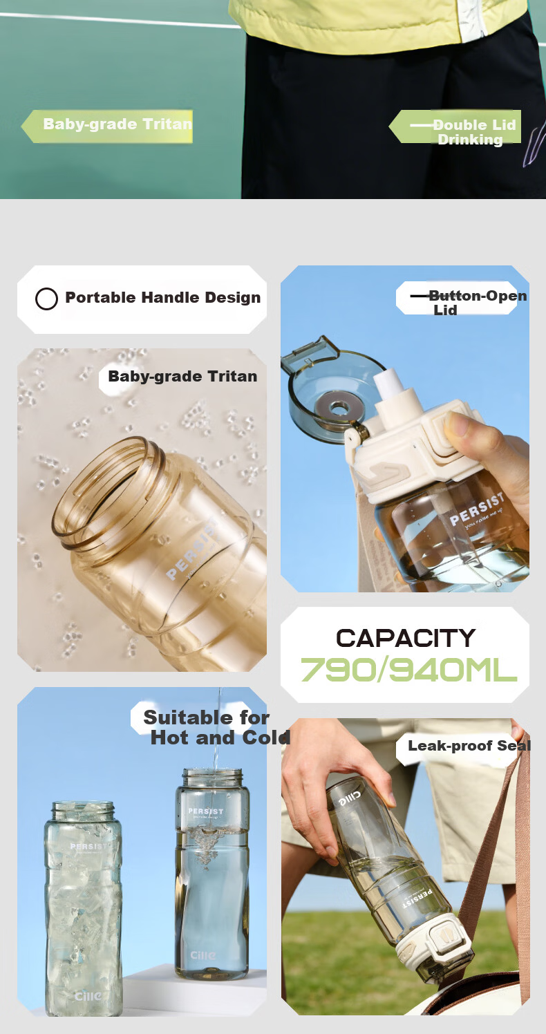 Cille Sports Water Bottle Unisex Outdoor Fitness Large Capacity Tritan High Temperature Resistant Thickened Dual-Drink Portable Cup 2