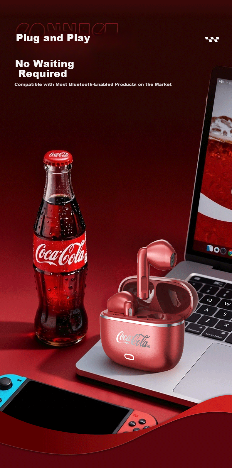 Coca-Cola CX01 Bluetooth Earbuds Semi-In-Ear True Wireless Gaming Sports Music Earphones Long Battery Life 2026 Latest Unisex Student Gift 6