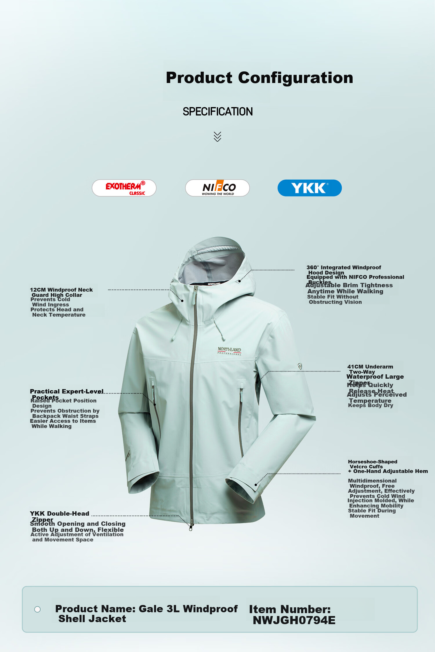NORTHLAND 【Gale】3L Hard Shell Waterproof Windproof Hiking Mountaineering Jacket Unisex Outdoor Shell Jacket 8