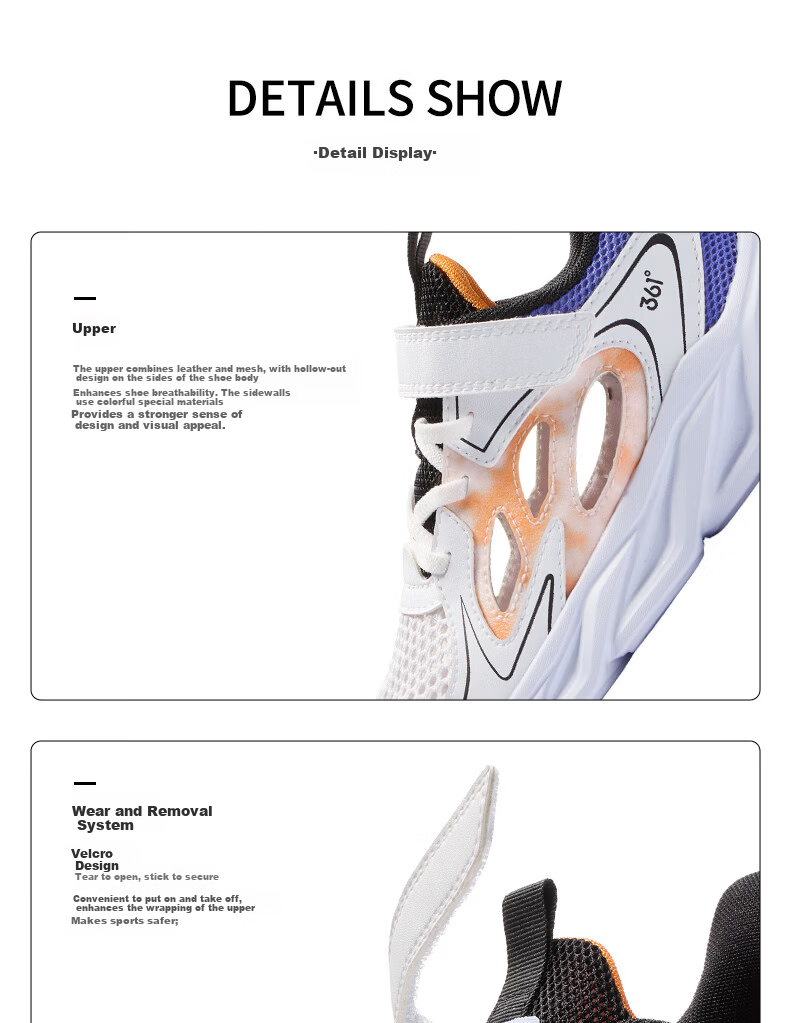 361° Kids Sports Shoes Summer 26 Boys Girls Lightweight Breathable School Running Shoes White Size 39 32