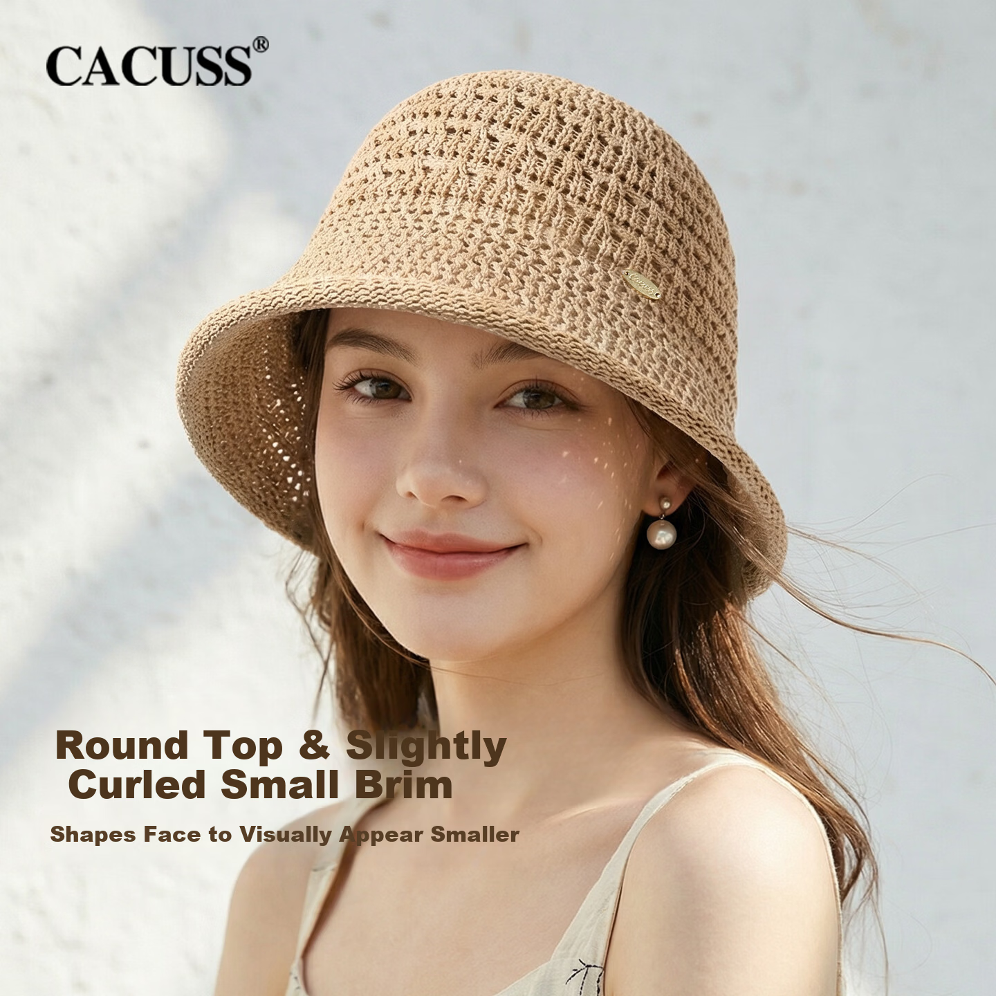 CACUSS Hollow Weave Sun Hat for Women Summer Outdoor Face-Slimming Retro Breathable Bucket Hat Khaki