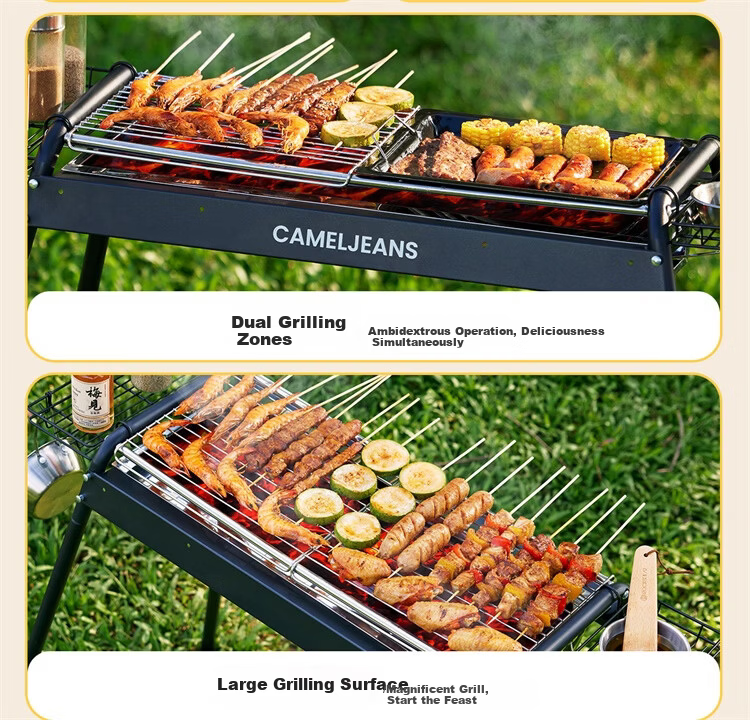 CAMELJEANS BBQ Grill Home Barbecue Rack Skewers Outdoor Camping Portable Charcoal Detachable 174BH05719 Black 5