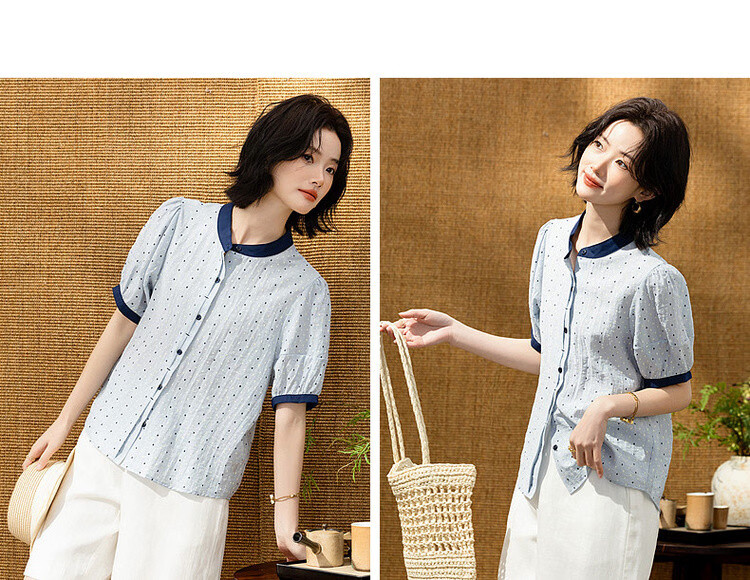 Demana Oxygen Linen Summer Fresh Plaid Color-Block Stand Collar Short Sleeve Loose Slim Women's Shirt 10