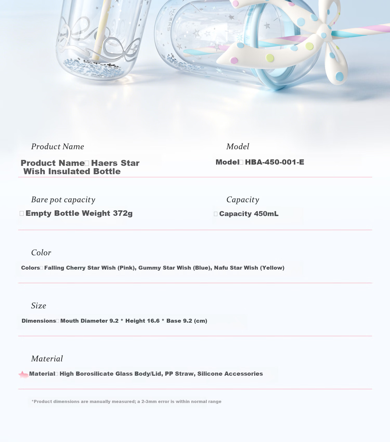 HAERS Double-Layer Bowknot Glass Cup High-Value Desktop Water Cup Girls Straw Cup (Pink) 450ml 14