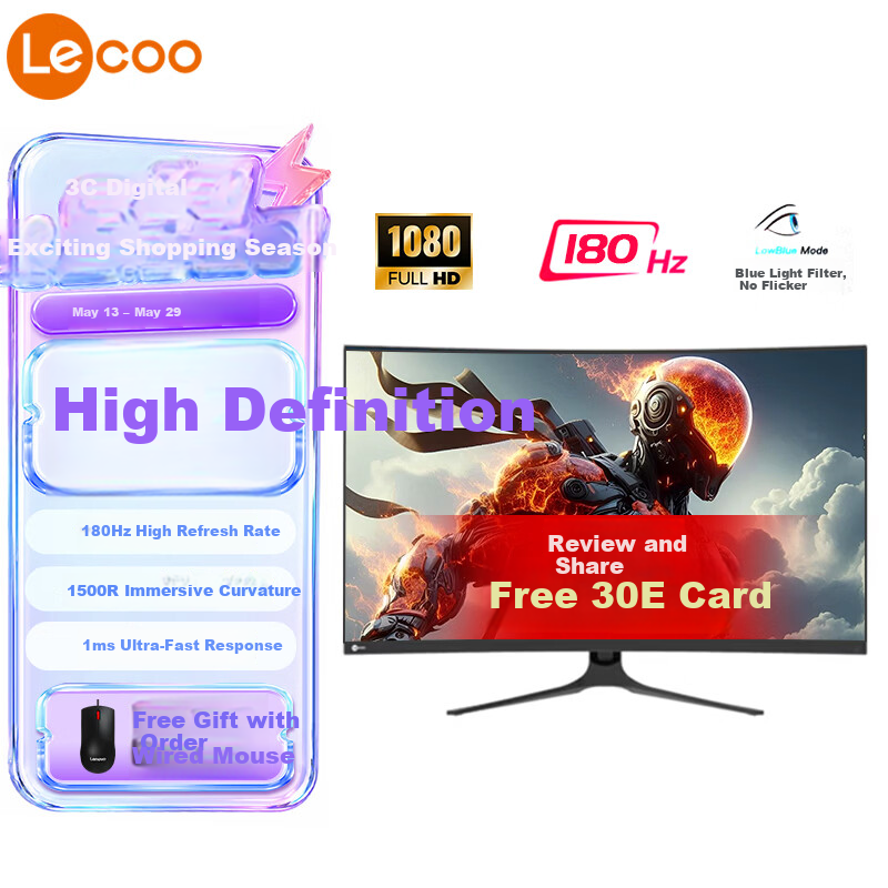 Lecoo Lenovo Laikuo 34-inch Ultrawide Monitor 180Hz HDR 4ms(OD) 90% DCI-P3 Color Gamut Rotatable Adjustable Computer Display K3434QC