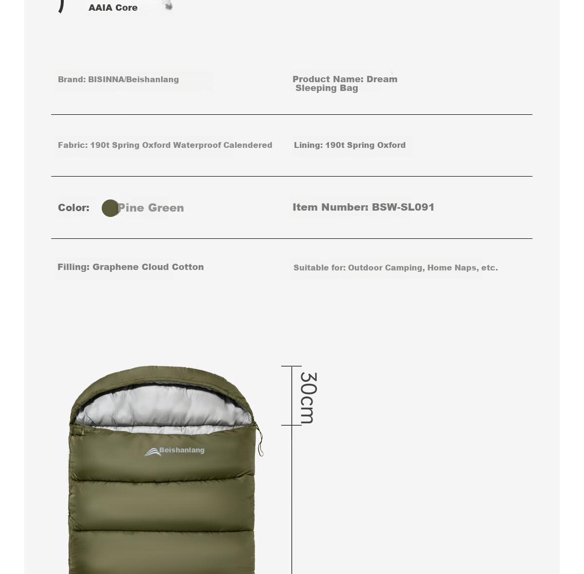 Beishanlang Graphene Sleeping Bag Adult Outdoor Camping Thickened Cold-Resistant 2-in-1 Quilt Detachable 1.8kg Pine Green 22
