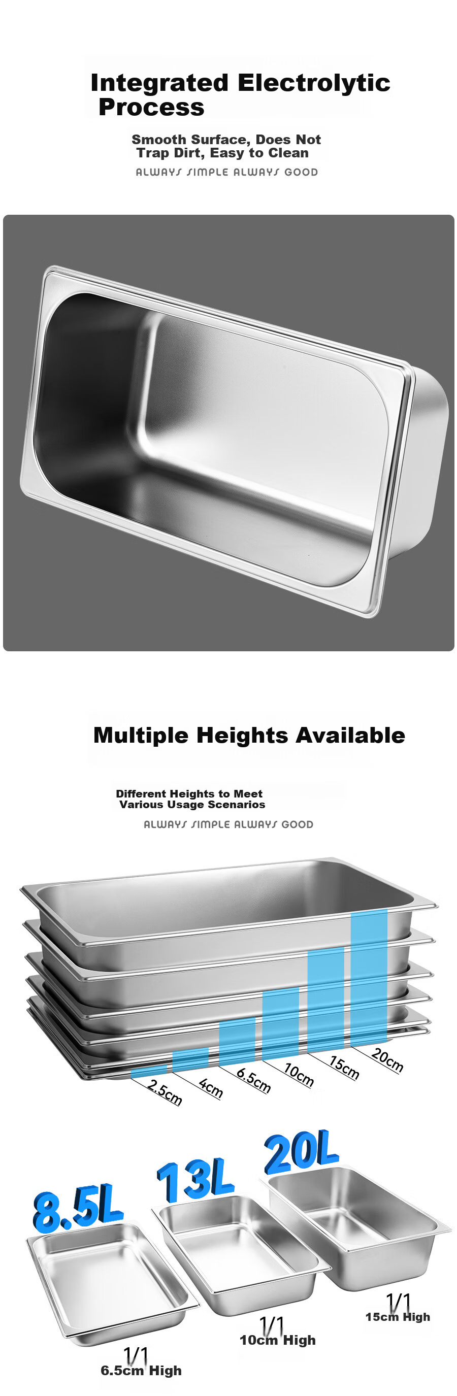 Golden Key Stainless Steel 1/1 Portion Pan Thickened Rolled Edge American Style Commercial 10cm Food Serving Basin GK-MFS11-100J 3
