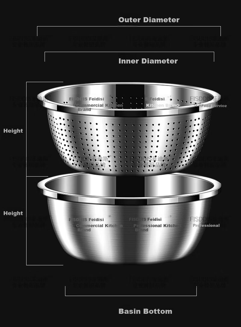 FISDDIS 304 Stainless Steel Bowl and Sieve 2-Piece Set Thick Soup Bowl Rice Washing Strainer Draining Basket 30cm Cooking Bowl LLPTZ-30 16