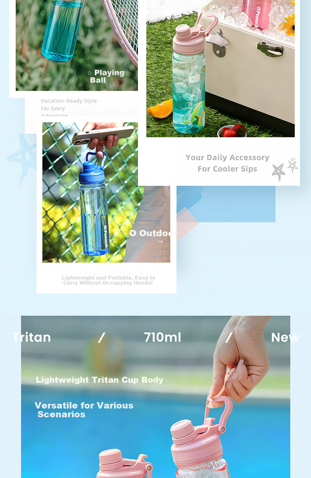 Peacock Plastic Water Bottle Outdoor Portable Sports Water Bottle with Carry Strap 710ML 9