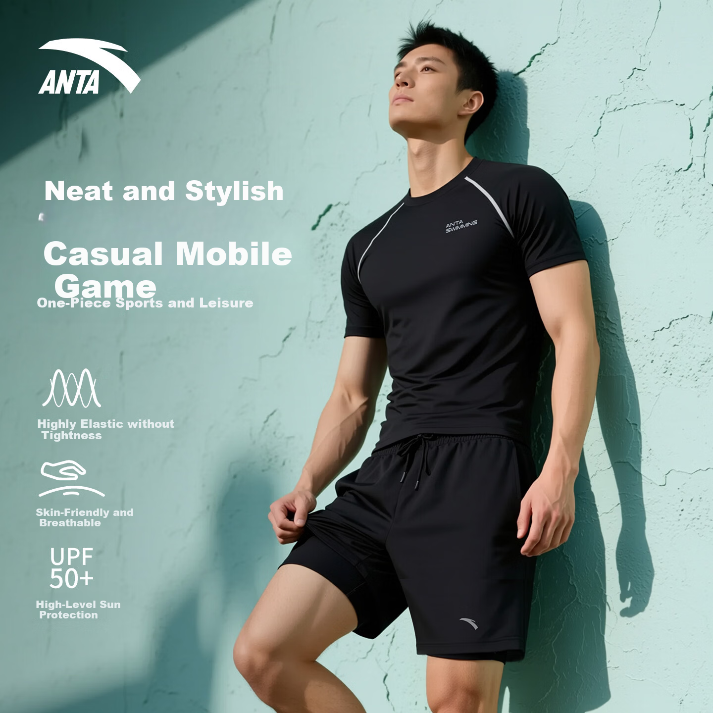 ANTA Men's Swimwear Set, Quick-Drying Anti-Embarrassment Swim Trunks for Water And Land Use, Loose-Fitting Swimming Trunks, Hot Spring Swimming Gear, Black M