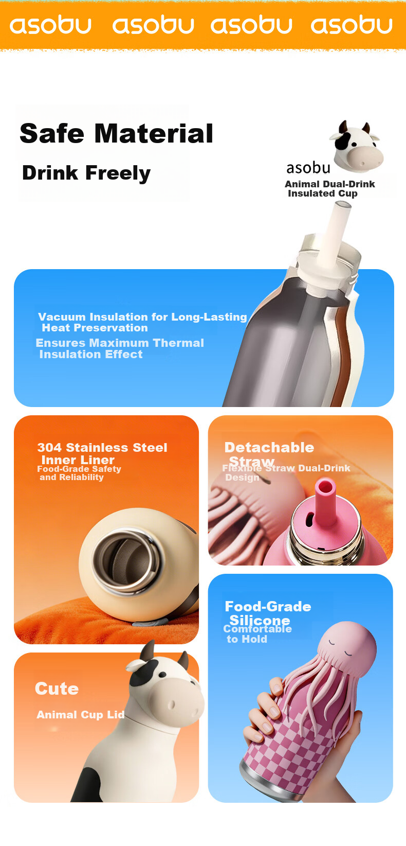 ASOBU Animal Insulated Bottle with Removable Straw Silicone Sleeve Cute Portable for Daily Use Students Kids Outdoor 2