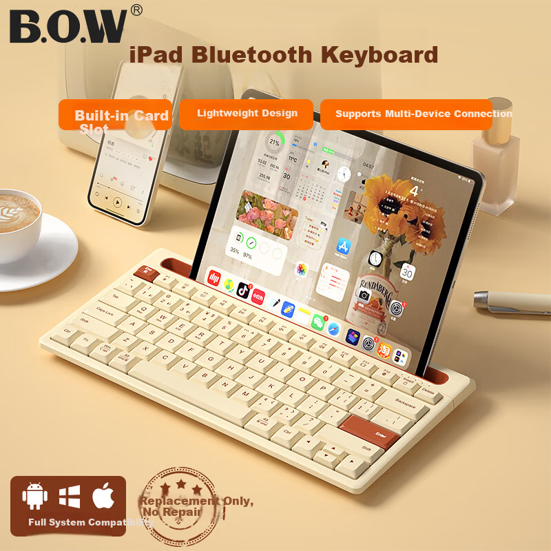 B.O.W Hangshi K150B Wireless Bluetooth Keyboard with Card Slot Stand for iPad, Phone, Tablet, Laptop, 79-Key Quiet Keyboard, Latte Color