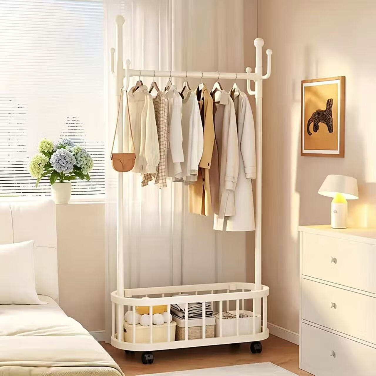 HaixiFang Floor Coat Rack with Wheels Cat Ear Design Double Rod 80cm White for Bedroom Balcony Small Spaces HL22
