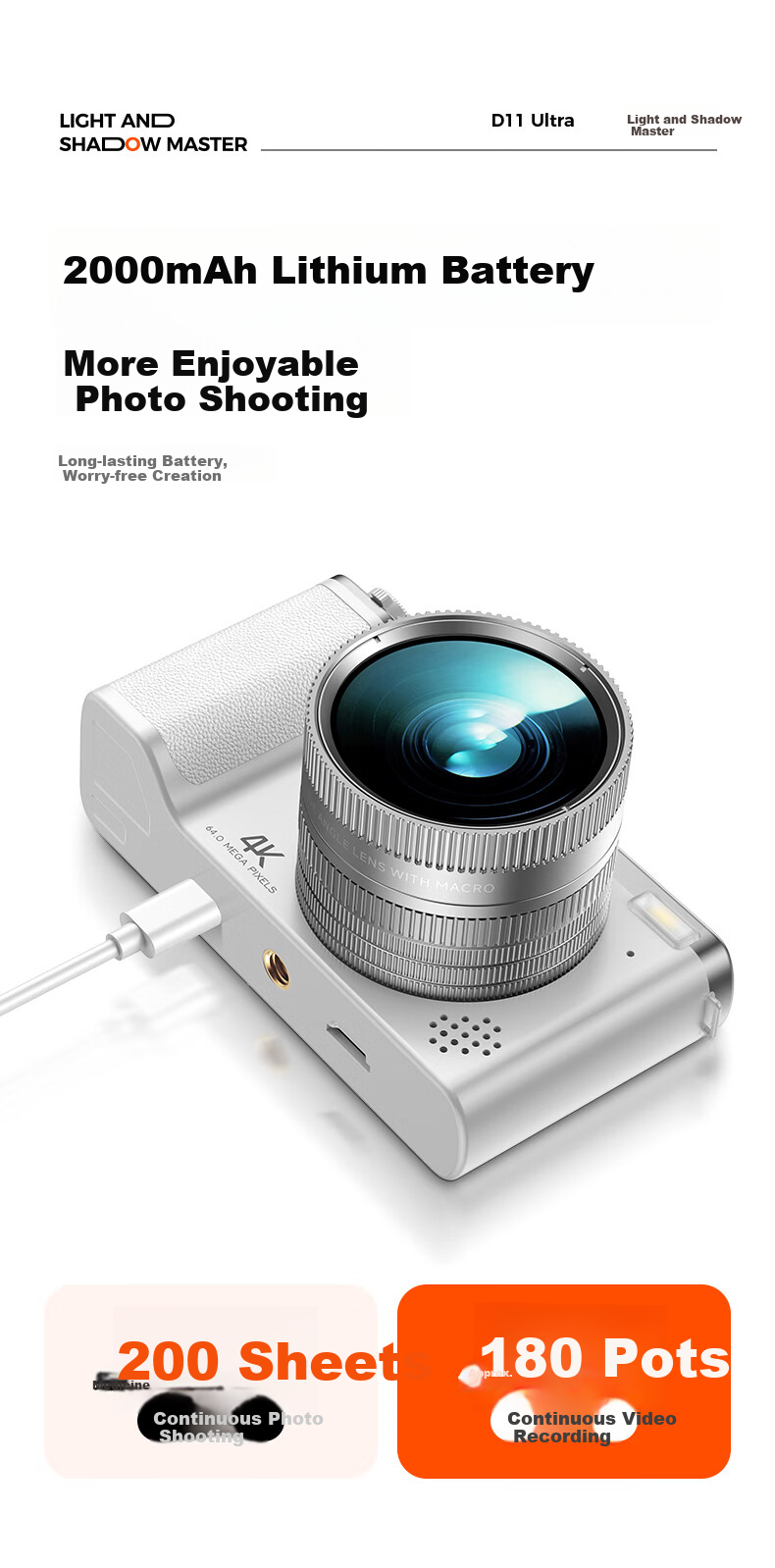 Patriot D11 Ultra Student Digital Camera Selfie Birthday Gift for Girls Entry-Level Mirrorless Alternative CCD White 128GB Children's Day Gift 19