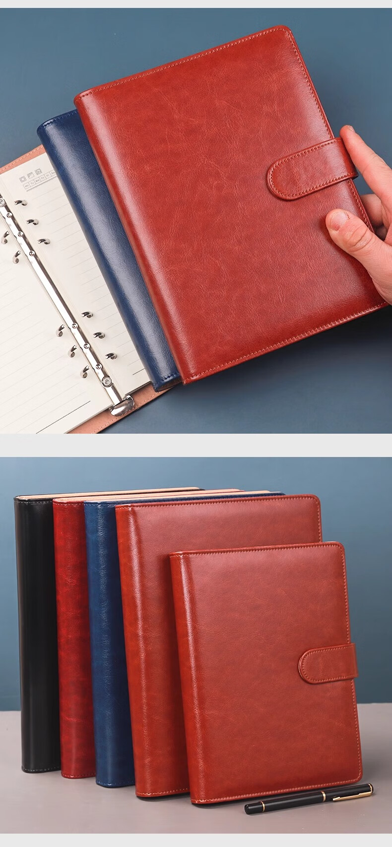 Xutong Notebook Loose-Leaf B5 Simple 9-Hole Leather Cover Unit Notebook, 100 Sheets Thick Business Record Book Office Stationery Diary, Customizable 3