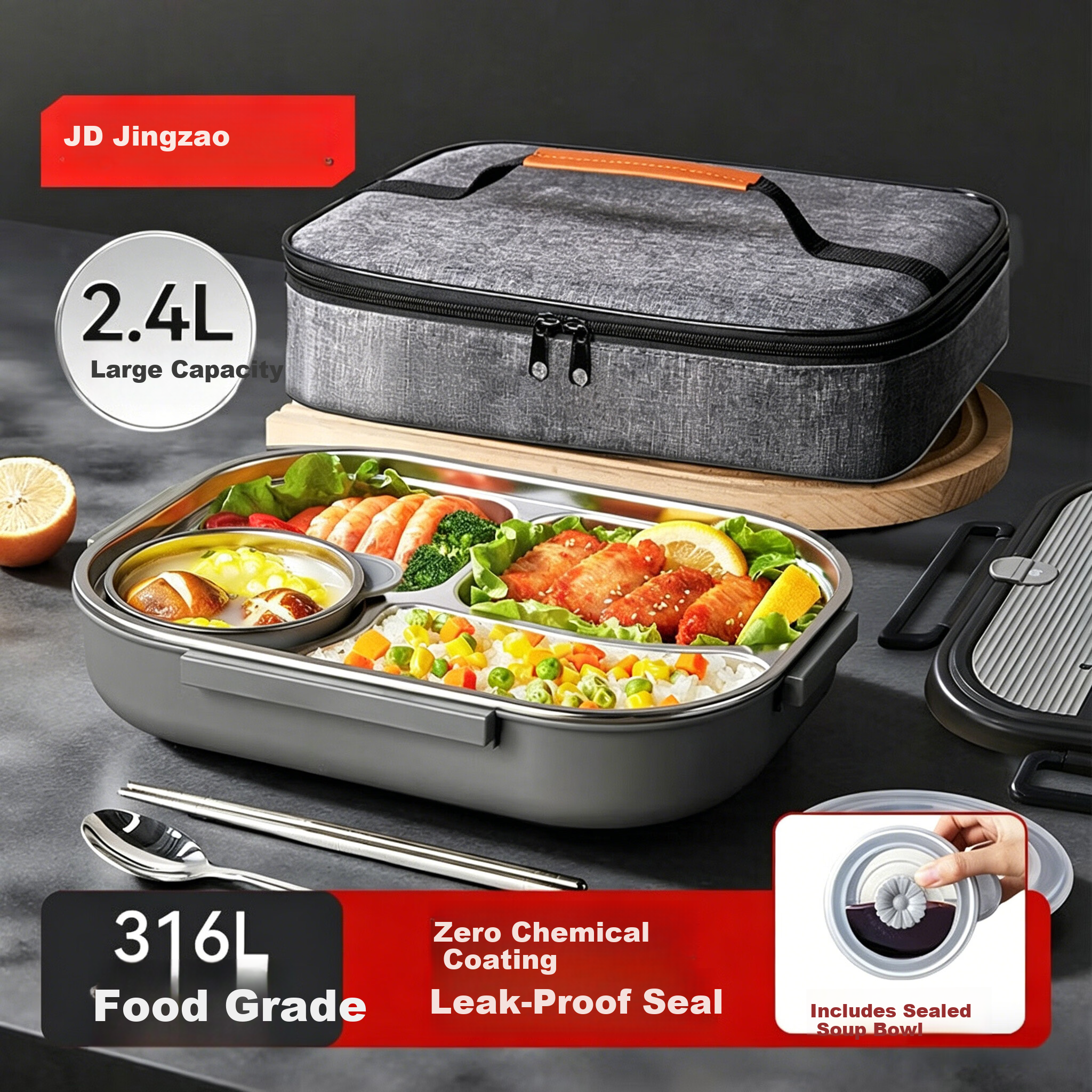 JD Original Lunch Box, 316L Stainless Steel, Suitable for Microwave Heating, Extra Large Capacity 2.4L, with Chopsticks And Spoon + Insulated Bag