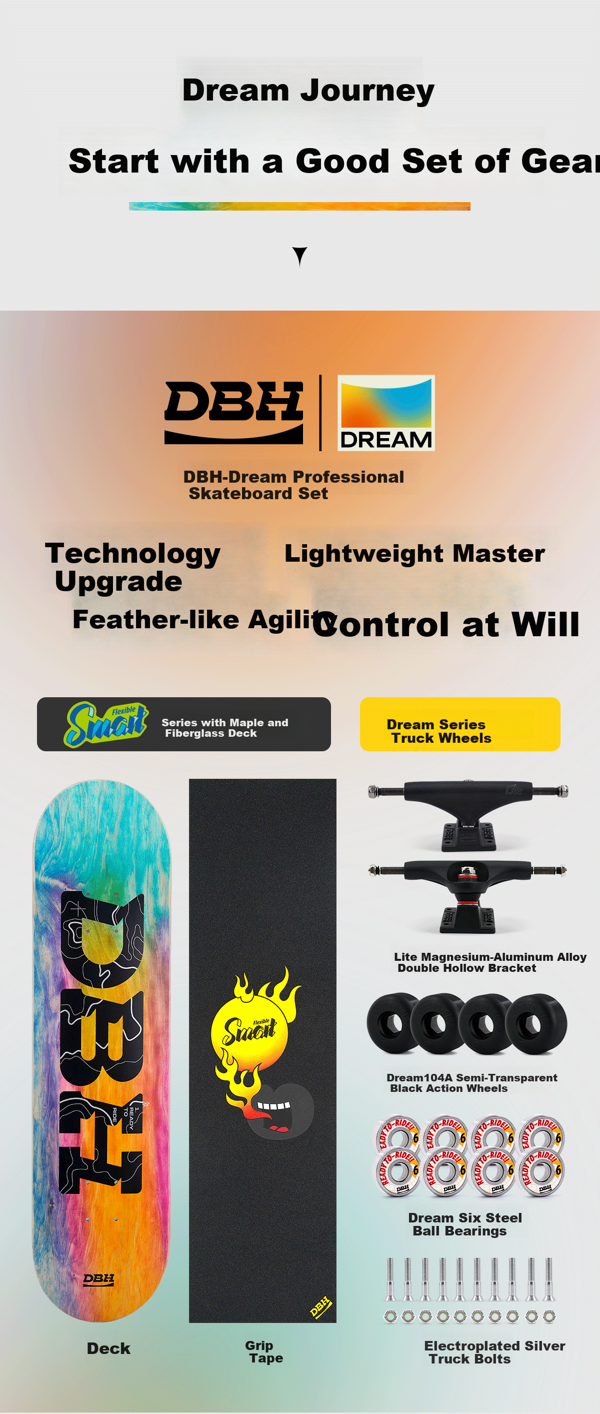 DBH Dream Advanced Professional Double Kick Skateboard for Adults and Children Beginners DBH Holographic 9