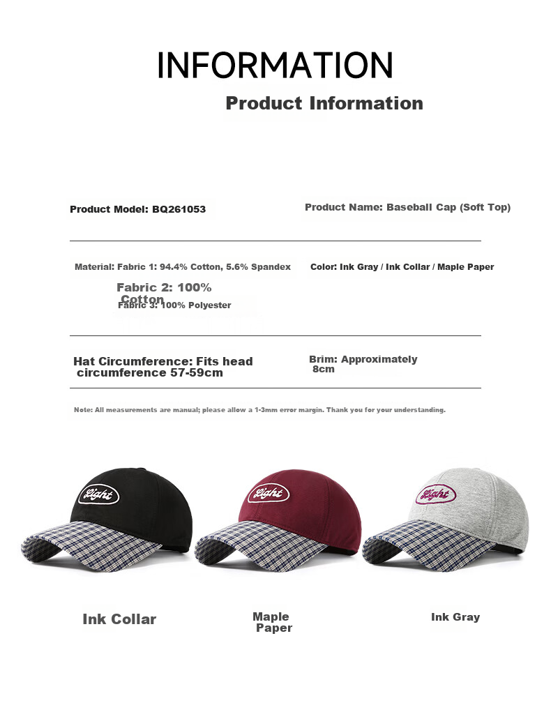 CACUSS Women's Spring Summer Baseball Cap Simple College Style Couple Patchwork Soft Top Comfortable Hat Ink Gray 6