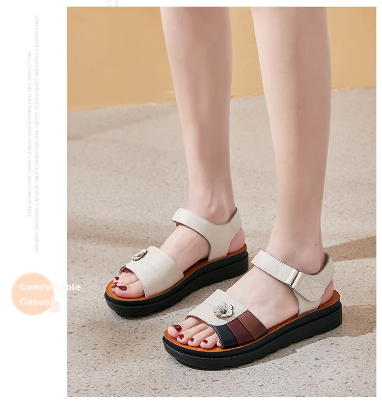 LAORENTOU Women's Genuine Leather Flat Sandals, Beach Non-Slip Soft Sole Middle-Aged and Elderly Sandals LK13182 - Black Size 35 5