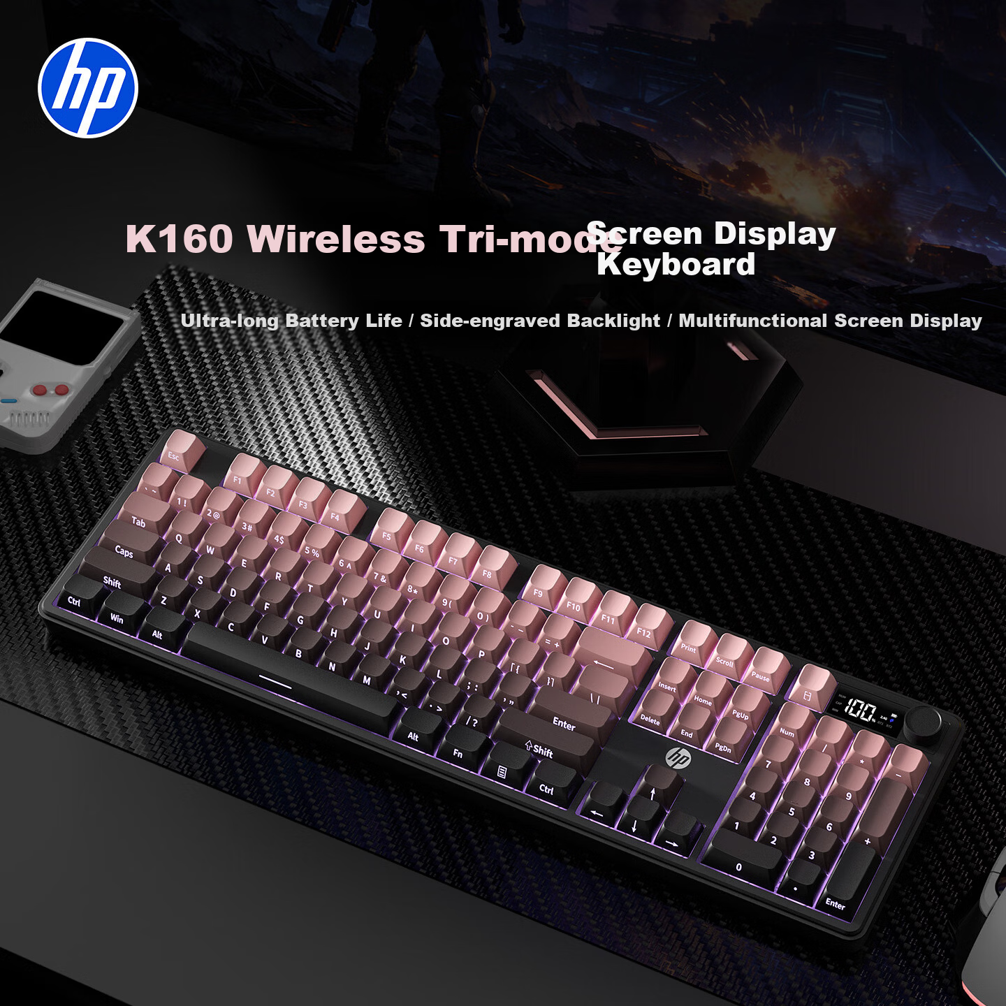 HP K160 Wireless Keyboard Wired Bluetooth Tri-mode Silent Mechanical Feel with Screen Multifunctional Knob Office Gaming Esports Desktop Laptop Lime Green