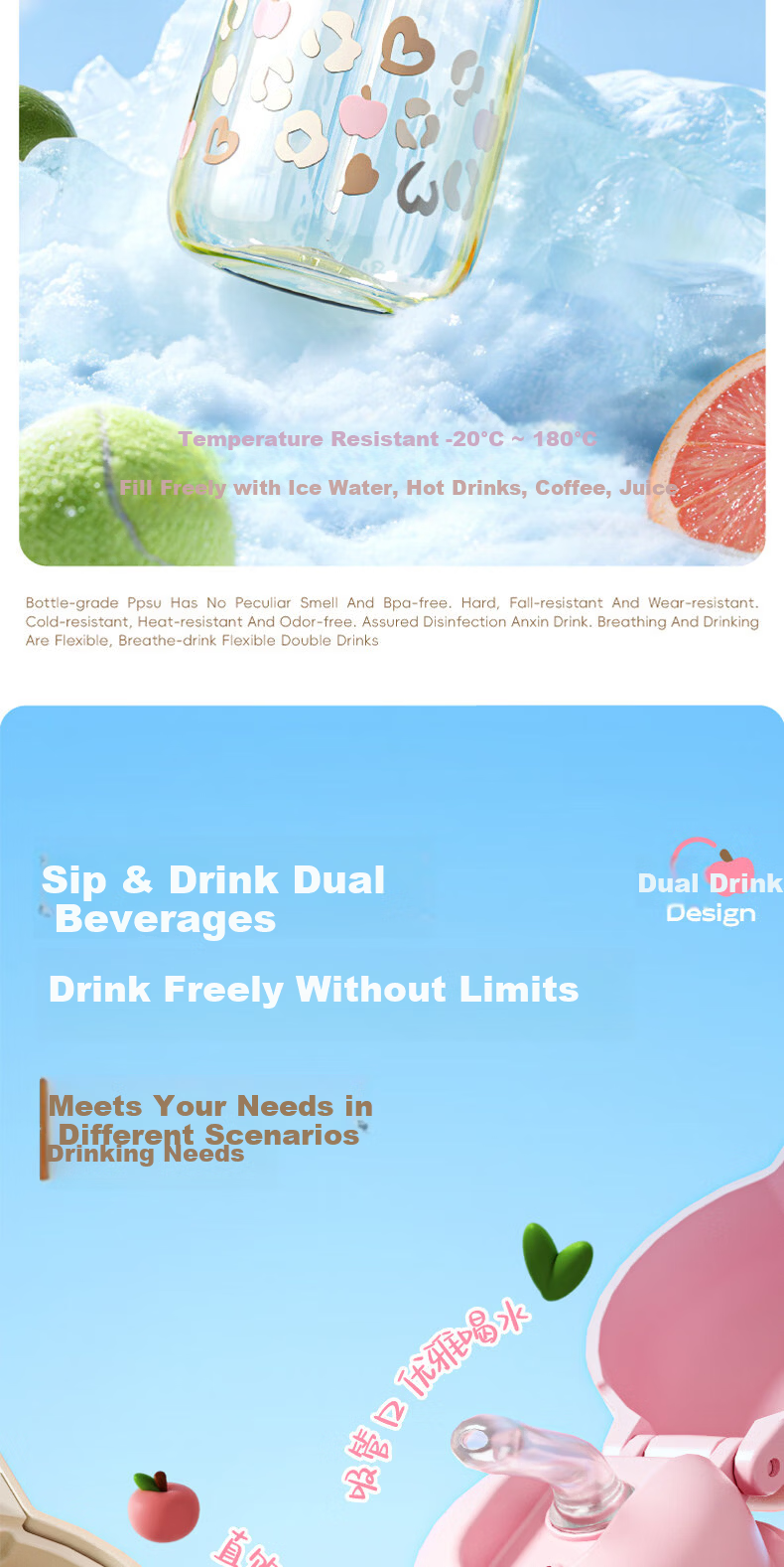 Cille PPSU Straw Cup High-Value Portable Large Capacity Water Bottle for Girls Summer Kids Outdoor Cup 4