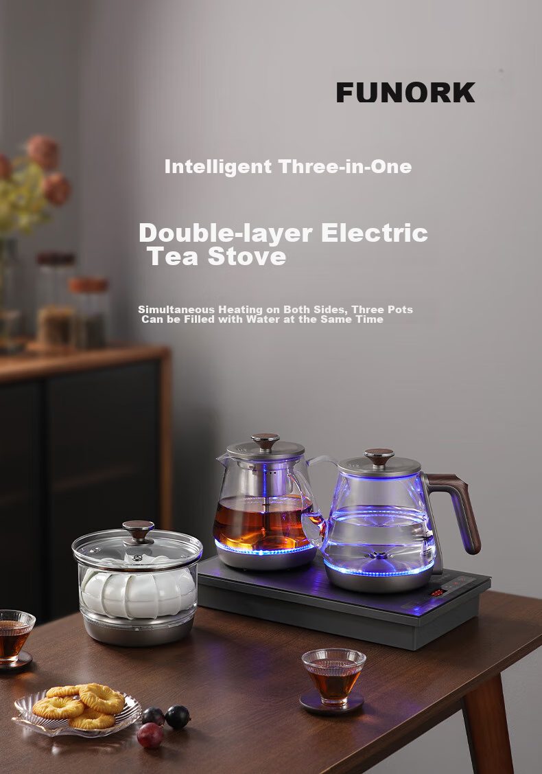 FUNORK Fully Automatic Electric Kettle with Water Inlet, Tea Table Kettle for Home And Office All-In Tea Table, Built-In Tea Set Electric Tea Stove Set RY-10 Titanium Gray Clean Versio 1