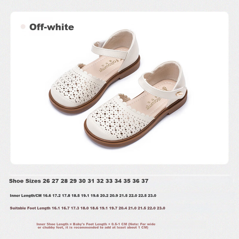 Fulomi Girls' Summer Hollow Breathable Closed-Toe Soft Sole Sandals Off-White Size 30