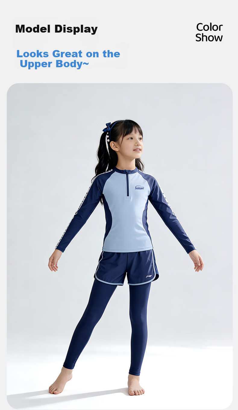 LI-NING Kids Girls Long Sleeve Long Pants Sunscreen Warm Split Professional Surfing Swimsuit Swimming Gear 1352 Blue 160 17