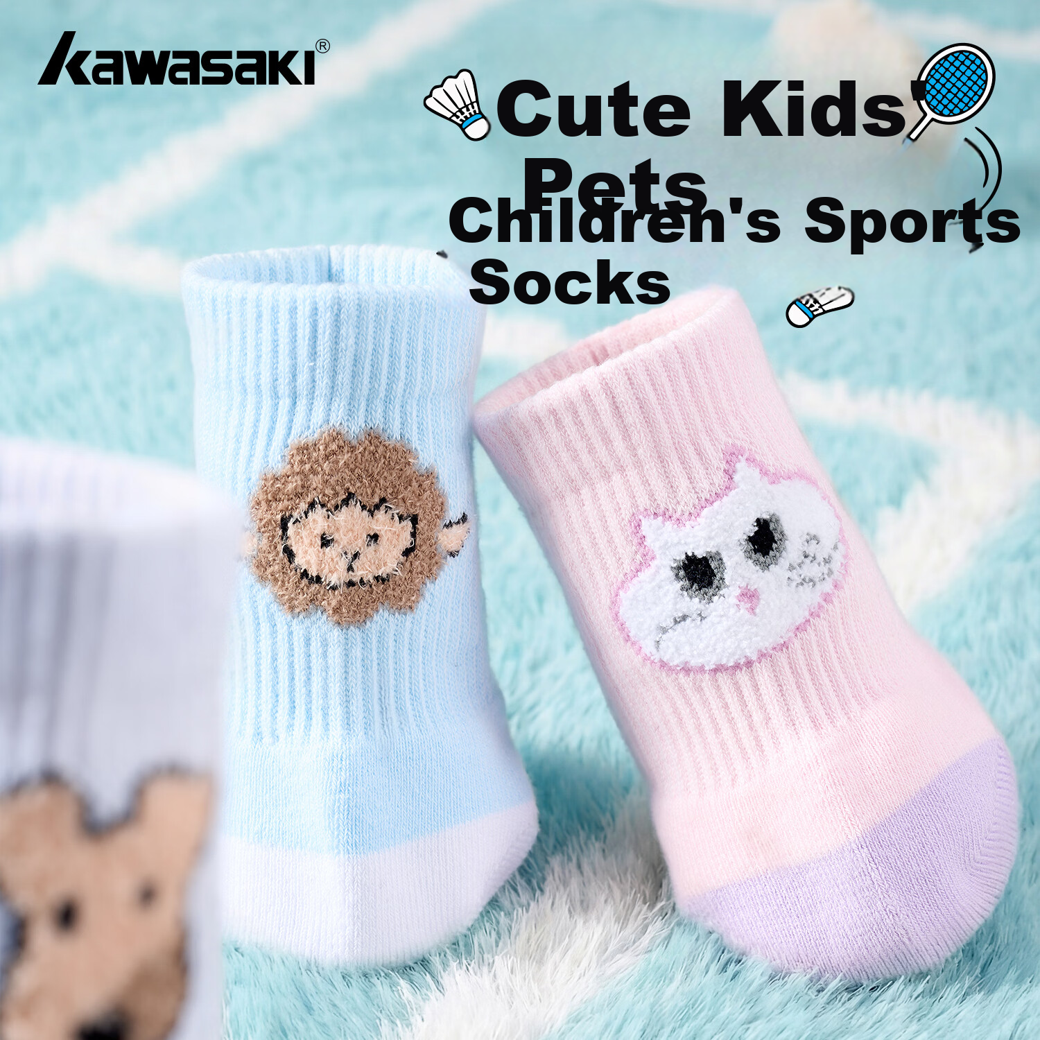 KAWASAKI Kids' Sports Badminton Socks Cute Pet Towel Bottom Wear-Resistant Non-Slip D6611 White/Blue/Pink (3 Pairs)