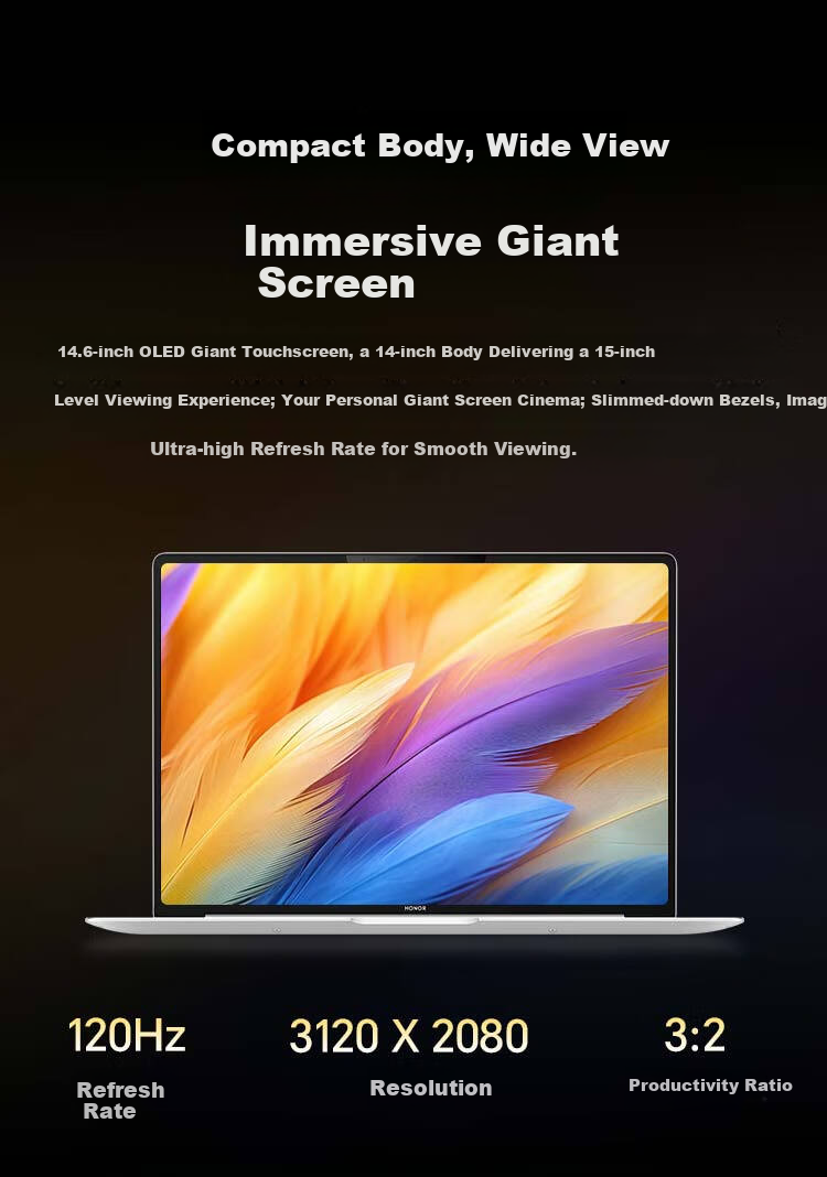 HONOR MagicBook Pro14 Refreshed Edition, AI Lightweight Laptop, 92Wh Battery, 14.6-Inch U5-225H, 32GB RAM, 1TB Storage, 3.1K Eye-Protection Touchscreen, White 11